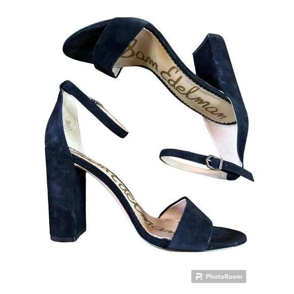 Sam Edelman Synthia Suede Chunky Heel Slip On Sandal Black Strap Heels Size 8.5 - Picture 4 of 5